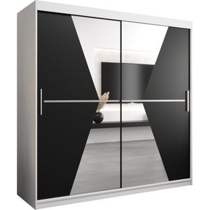 InspireMe - Kledingkast met 2 schuifdeuren, Modern-stijl, Een kledingkast met planken en een spiegel (BxHxD): 200x200x62 - TOTO 200 Wit Mat + Zwart met 4 lades