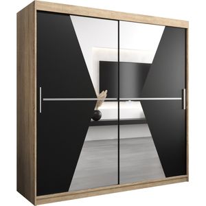 InspireMe - Kledingkast met 2 schuifdeuren, Modern-stijl, Een kledingkast met planken en een spiegel (BxHxD): 200x200x62 - TOTO 200 Sonoma Eik + Zwart Mat