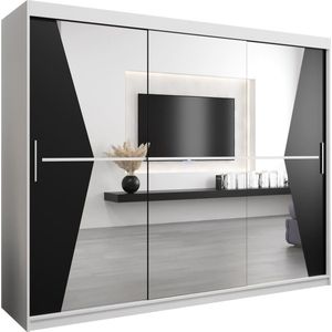 InspireMe - Kledingkast met 3 schuifdeuren, Modern-stijl, Een kledingkast met planken en een spiegel (BxHxD): 250x200x62 - TOTO 250 Wit Mat + Zwart