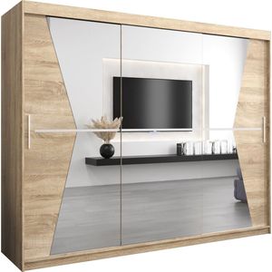 InspireMe - Kledingkast met 3 schuifdeuren, Modern-stijl, Een kledingkast met planken en een spiegel (BxHxD): 250x200x62 - TOTO 250 Sonoma Eik