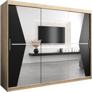 InspireMe - Kledingkast met 3 schuifdeuren, Modern-stijl, Een kledingkast met planken en een spiegel (BxHxD): 250x200x62 - TOTO 250 Sonoma Eik + Zwart Mat