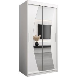 InspireMe - Kledingkast met 2 schuifdeuren, Modern-stijl, Een kledingkast met planken en een spiegel (BxHxD): 100x200x62 - KAHUNA 100 Wit Mat