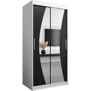 InspireMe - Kledingkast met 2 schuifdeuren, Modern-stijl, Een kledingkast met planken en een spiegel (BxHxD): 100x200x62 - KAHUNA 100 Wit Mat + Zwart