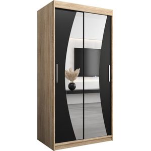 InspireMe - Kledingkast met 2 schuifdeuren, Modern-stijl, Een kledingkast met planken en een spiegel (BxHxD): 100x200x62 - KAHUNA 100 Sonoma Eik + Zwart Mat
