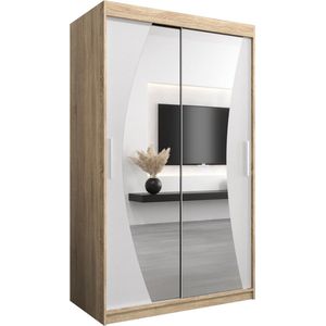 InspireMe - Kledingkast met 2 schuifdeuren, Modern-stijl, Een kledingkast met planken en een spiegel (BxHxD): 120x200x62 - KAHUNA 120 Sonoma Eik + Wit Mat