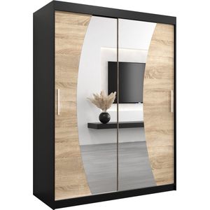 InspireMe - Kledingkast met 2 schuifdeuren, Modern-stijl, Een kledingkast met planken en een spiegel (BxHxD): 150x200x62 - KAHUNA 150 Zwart Mat + Sonoma Eik