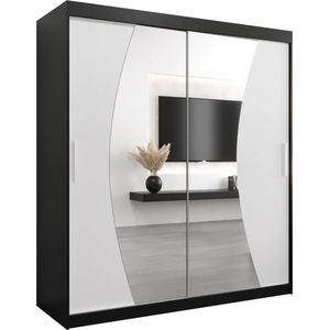 InspireMe - Kledingkast met 2 schuifdeuren, Modern-stijl, Een kledingkast met planken en een spiegel (BxHxD): 180x200x62 - KAHUNA 180 Zwart Mat + Wit Mat