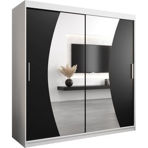 InspireMe - Kledingkast met 2 schuifdeuren, Modern-stijl, Een kledingkast met planken en een spiegel (BxHxD): 200x200x62 - KAHUNA 200 Wit Mat + Zwart