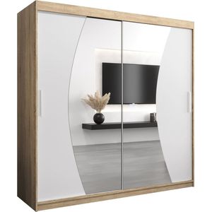 InspireMe - Kledingkast met 2 schuifdeuren, Modern-stijl, Een kledingkast met planken en een spiegel (BxHxD): 200x200x62 - KAHUNA 200 Sonoma Eik + Wit Mat