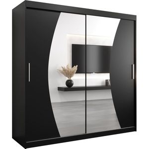 InspireMe - Kledingkast met 2 schuifdeuren, Modern-stijl, Een kledingkast met planken en een spiegel (BxHxD): 200x200x62 - KAHUNA 200 Zwart Mat