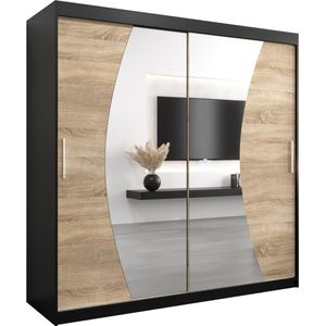 InspireMe - Kledingkast met 2 schuifdeuren, Modern-stijl, Een kledingkast met planken en een spiegel (BxHxD): 200x200x62 - KAHUNA 200 Zwart Mat + Sonoma Eik