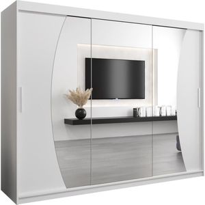 InspireMe - Kledingkast met 3 schuifdeuren, Modern-stijl, Een kledingkast met planken en een spiegel (BxHxD): 250x200x62 - KAHUNA 250 Wit Mat