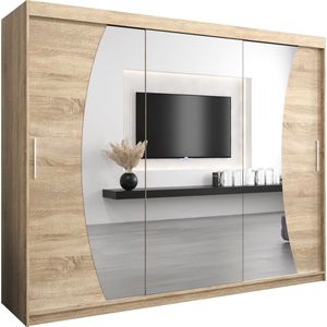 InspireMe - Kledingkast met 3 schuifdeuren, Modern-stijl, Een kledingkast met planken en een spiegel (BxHxD): 250x200x62 - KAHUNA 250 Sonoma Eik