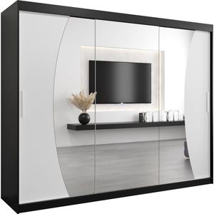InspireMe - Kledingkast met 3 schuifdeuren, Modern-stijl, Een kledingkast met planken en een spiegel (BxHxD): 250x200x62 - KAHUNA 250 Zwart Mat + Wit Mat
