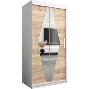 InspireMe - Kledingkast met 2 schuifdeuren, Modern-stijl, Een kledingkast met planken en een spiegel (BxHxD): 100x200x62 - BOLA 100 Wit Mat + Sonoma Eik