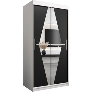 InspireMe - Kledingkast met 2 schuifdeuren, Modern-stijl, Een kledingkast met planken en een spiegel (BxHxD): 100x200x62 - BOLA 100 Wit Mat + Zwart
