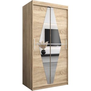 InspireMe - Kledingkast met 2 schuifdeuren, Modern-stijl, Een kledingkast met planken en een spiegel (BxHxD): 100x200x62 - BOLA 100 Sonoma Eik