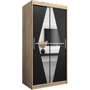 InspireMe - Kledingkast met 2 schuifdeuren, Modern-stijl, Een kledingkast met planken en een spiegel (BxHxD): 100x200x62 - BOLA 100 Sonoma Eik + Zwart Mat
