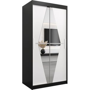 InspireMe - Kledingkast met 2 schuifdeuren, Modern-stijl, Een kledingkast met planken en een spiegel (BxHxD): 100x200x62 - BOLA 100 Zwart Mat + Wit Mat