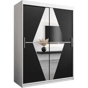 InspireMe - Kledingkast met 2 schuifdeuren, Modern-stijl, Een kledingkast met planken en een spiegel (BxHxD): 150x200x62 - BOLA 150 Wit Mat + Zwart