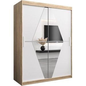 InspireMe - Kledingkast met 2 schuifdeuren, Modern-stijl, Een kledingkast met planken en een spiegel (BxHxD): 150x200x62 - BOLA 150 Sonoma Eik + Wit Mat