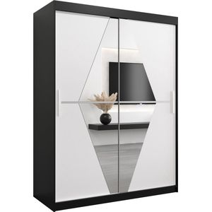 InspireMe - Kledingkast met 2 schuifdeuren, Modern-stijl, Een kledingkast met planken en een spiegel (BxHxD): 150x200x62 - BOLA 150 Zwart Mat + Wit Mat