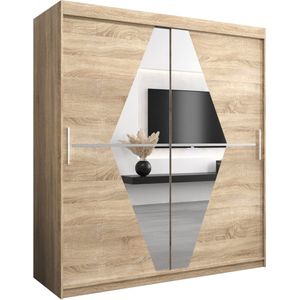 InspireMe - Kledingkast met 2 schuifdeuren, Modern-stijl, Een kledingkast met planken en een spiegel (BxHxD): 180x200x62 - BOLA 180 Sonoma Eik
