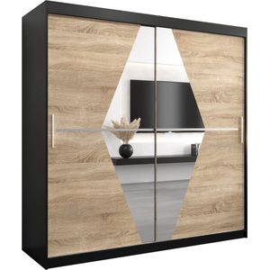 InspireMe - Kledingkast met 2 schuifdeuren, Modern-stijl, Een kledingkast met planken en een spiegel (BxHxD): 200x200x62 - BOLA 200 Zwart Mat + Sonoma Eik