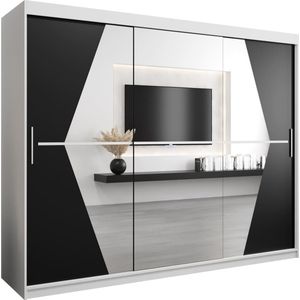 InspireMe - Kledingkast met 3 schuifdeuren, Modern-stijl, Een kledingkast met planken en een spiegel (BxHxD): 250x200x62 - BOLA 250 Wit Mat + Zwart