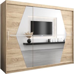 InspireMe - Kledingkast met 3 schuifdeuren, Modern-stijl, Een kledingkast met planken en een spiegel (BxHxD): 250x200x62 - BOLA 250 Sonoma Eik
