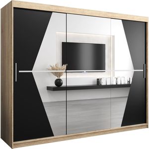 InspireMe - Kledingkast met 3 schuifdeuren, Modern-stijl, Een kledingkast met planken en een spiegel (BxHxD): 250x200x62 - BOLA 250 Sonoma Eik + Zwart Mat