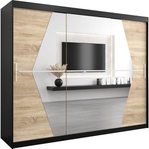 InspireMe - Kledingkast met 3 schuifdeuren, Modern-stijl, Een kledingkast met planken en een spiegel (BxHxD): 250x200x62 - BOLA 250 Zwart Mat + Sonoma Eik