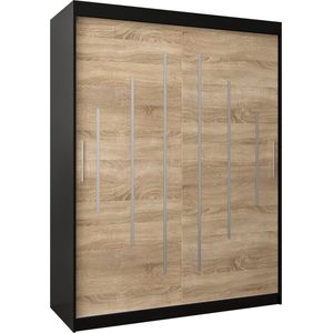 InspireMe - Kledingkast met 2 schuifdeuren, Modern-stijl, Een kledingkast met planken (BxHxD): 150x200x62 - MALTESE 150 Zwart Mat + Sonoma Eik