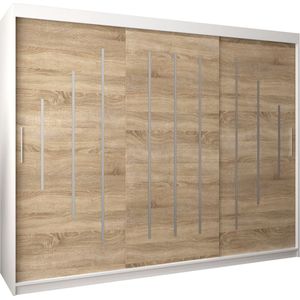 InspireMe - Kledingkast met 3 schuifdeuren, Modern-stijl, Een kledingkast met planken (BxHxD): 250x200x62 - MALTESE 250 Wit Mat + Sonoma Eik