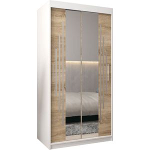 InspireMe - Kledingkast met 2 schuifdeuren, Modern-stijl, Een kledingkast met planken en een spiegel (BxHxD): 100x200x62 - MALTESE I 100 Wit Mat + Sonoma Eik