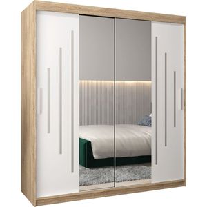 InspireMe - Kledingkast met 2 schuifdeuren, Modern-stijl, Een kledingkast met planken en een spiegel (BxHxD): 180x200x62 - MALTESE I 180 Sonoma Eik + Wit Mat