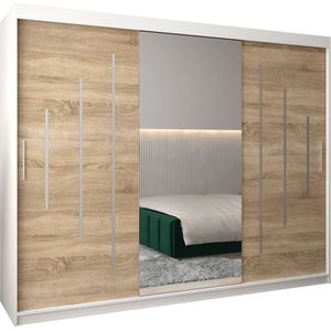 InspireMe - Kledingkast met 3 schuifdeuren, Modern-stijl, Een kledingkast met planken en een spiegel (BxHxD): 250x200x62 - MALTESE I 250 Wit Mat + Sonoma Eik