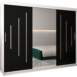 InspireMe - Kledingkast met 3 schuifdeuren, Modern-stijl, Een kledingkast met planken en een spiegel (BxHxD): 250x200x62 - MALTESE I 250 Wit Mat + Zwart