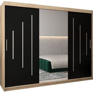 InspireMe - Kledingkast met 3 schuifdeuren, Modern-stijl, Een kledingkast met planken en een spiegel (BxHxD): 250x200x62 - MALTESE I 250 Sonoma Eik + Zwart Mat
