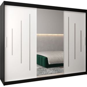 InspireMe - Kledingkast met 3 schuifdeuren, Modern-stijl, Een kledingkast met planken en een spiegel (BxHxD): 250x200x62 - MALTESE I 250 Zwart Mat + Wit Mat