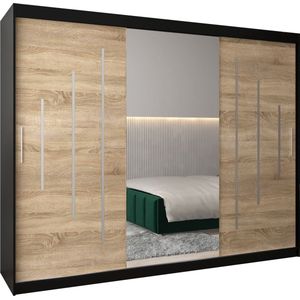 InspireMe - Kledingkast met 3 schuifdeuren, Modern-stijl, Een kledingkast met planken en een spiegel (BxHxD): 250x200x62 - MALTESE I 250 Zwart Mat + Sonoma Eik