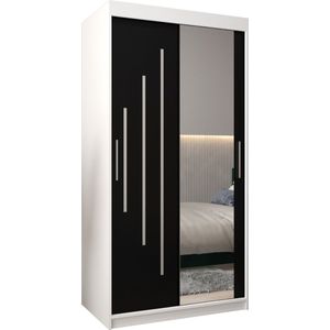 InspireMe - Kledingkast met 2 schuifdeuren, Modern-stijl, Een kledingkast met planken en een spiegel (BxHxD): 100x200x62 - MALTESE II 100 Wit Mat + Zwart