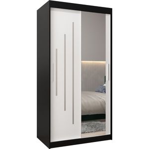 InspireMe - Kledingkast met 2 schuifdeuren, Modern-stijl, Een kledingkast met planken en een spiegel (BxHxD): 100x200x62 - MALTESE II 100 Zwart Mat + Wit Mat