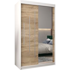 InspireMe - Kledingkast met 2 schuifdeuren, Modern-stijl, Een kledingkast met planken en een spiegel (BxHxD): 120x200x62 - MALTESE II 120 Wit Mat + Sonoma Eik