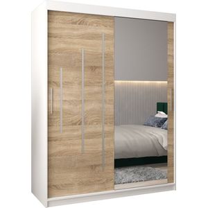 InspireMe - Kledingkast met 2 schuifdeuren, Modern-stijl, Een kledingkast met planken en een spiegel (BxHxD): 150x200x62 - MALTESE II 150 Wit Mat + Sonoma Eik