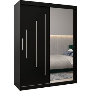 InspireMe - Kledingkast met 2 schuifdeuren, Modern-stijl, Een kledingkast met planken en een spiegel (BxHxD): 150x200x62 - MALTESE II 150 Zwart Mat
