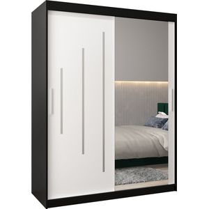 InspireMe - Kledingkast met 2 schuifdeuren, Modern-stijl, Een kledingkast met planken en een spiegel (BxHxD): 150x200x62 - MALTESE II 150 Zwart Mat + Wit Mat