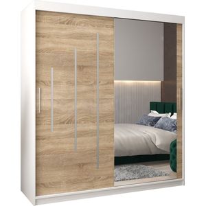 InspireMe - Kledingkast met 2 schuifdeuren, Modern-stijl, Een kledingkast met planken en een spiegel (BxHxD): 180x200x62 - MALTESE II 180 Wit Mat + Sonoma Eik