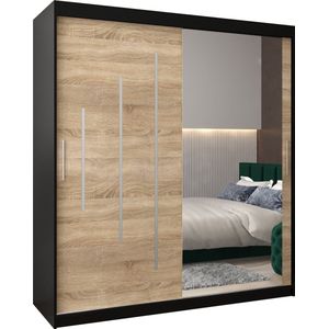 InspireMe - Kledingkast met 2 schuifdeuren, Modern-stijl, Een kledingkast met planken en een spiegel (BxHxD): 180x200x62 - MALTESE II 180 Zwart Mat + Sonoma Eik