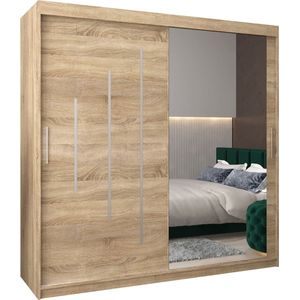InspireMe - Kledingkast met 2 schuifdeuren, Modern-stijl, Een kledingkast met planken en een spiegel (BxHxD): 200x200x62 - MALTESE II 200 Sonoma Eik